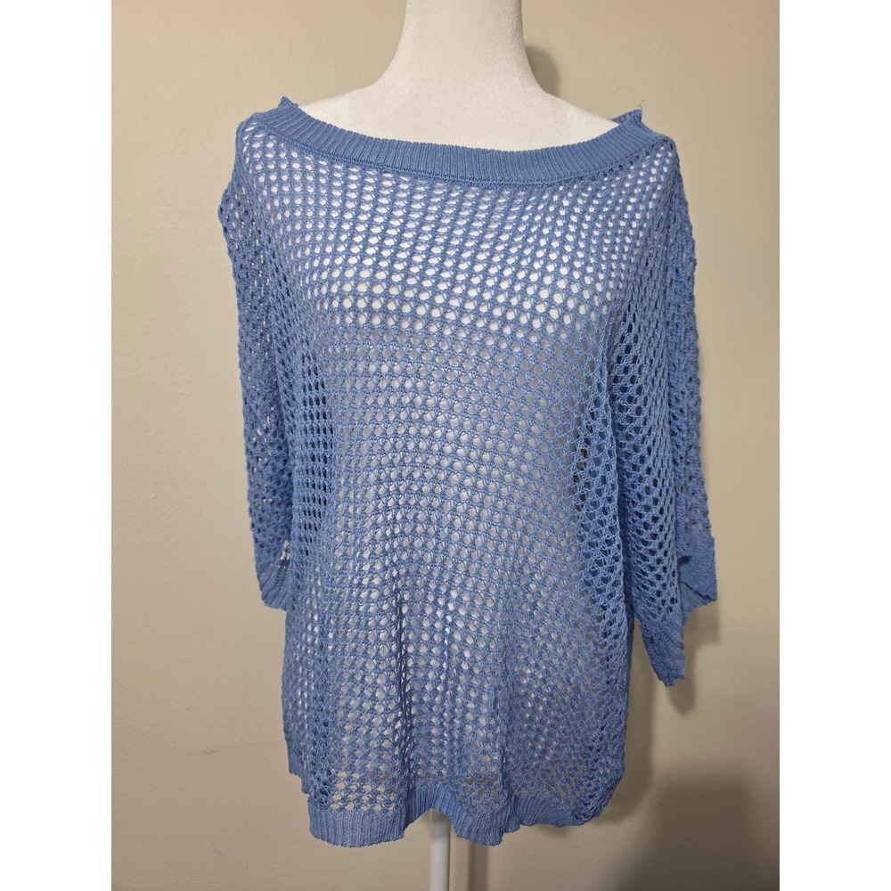 Light Blue Open Knit Mesh Crochet Sweater Top Wide Sleeve Medium
